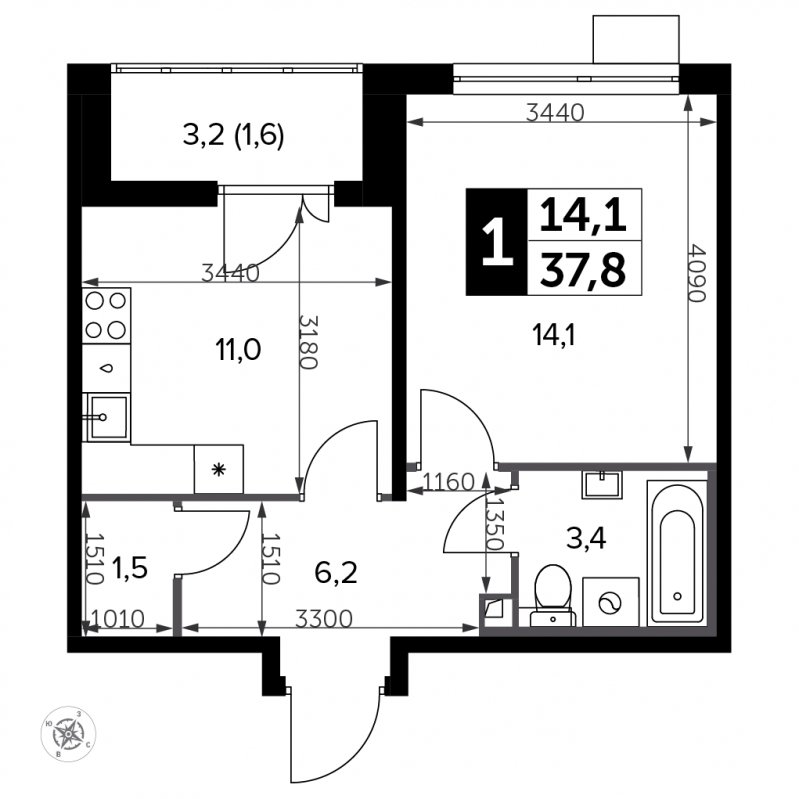1-комнатная квартира с частичной отделкой, 37.8 м2, 11 этаж, сдача 3 квартал 2023 г., ЖК Южная Битца, корпус 11 - объявление 1784718 - фото №1