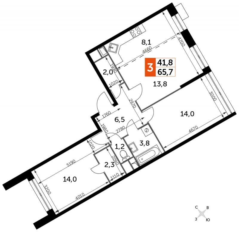3-комнатная квартира с полной отделкой, 65.7 м2, 3 этаж, сдача 4 квартал 2023 г., ЖК Датский квартал, корпус 2 - объявление 1612160 - фото №1