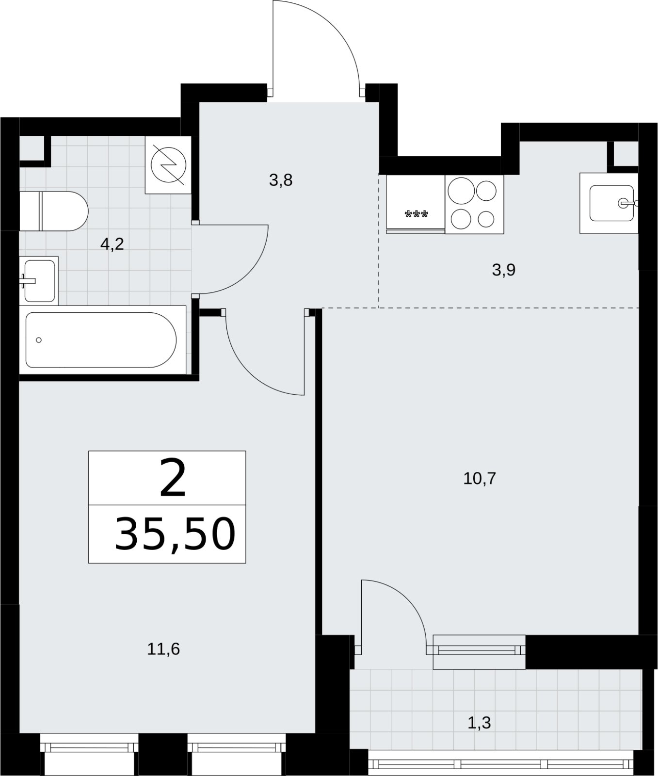 2-комнатная квартира (евро) без отделки, 35.5 м2, 2 этаж, сдача 3 квартал 2026 г., ЖК Родные кварталы, корпус 3.4 - объявление 2378644 - фото №1