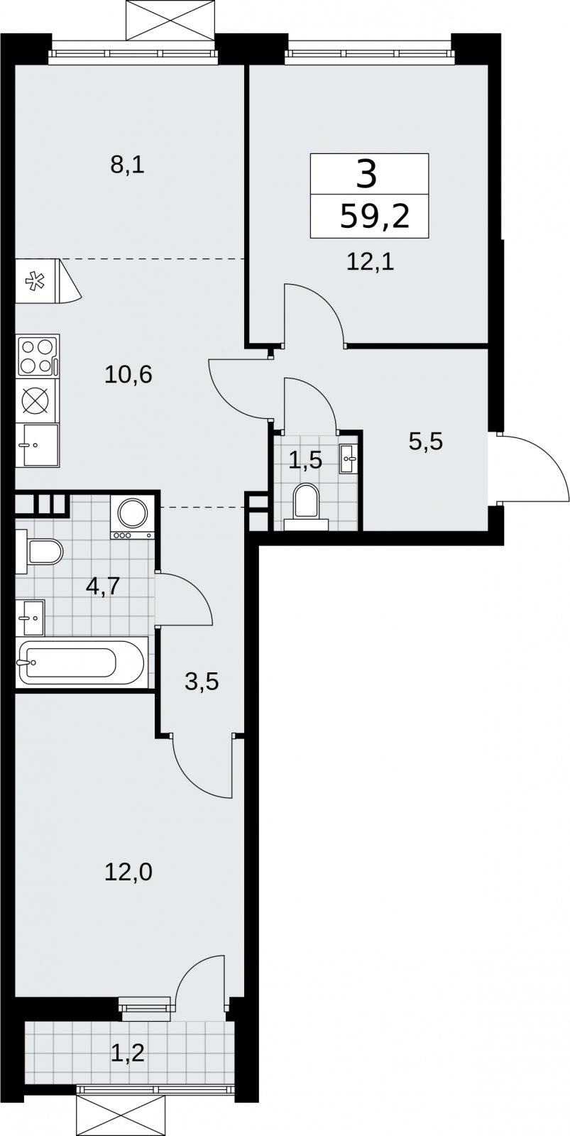 3-комнатная квартира (евро) с частичной отделкой, 59.2 м2, 3 этаж, сдача 2 квартал 2026 г., ЖК Бунинские кварталы, корпус 5.1 - объявление 2297112 - фото №1