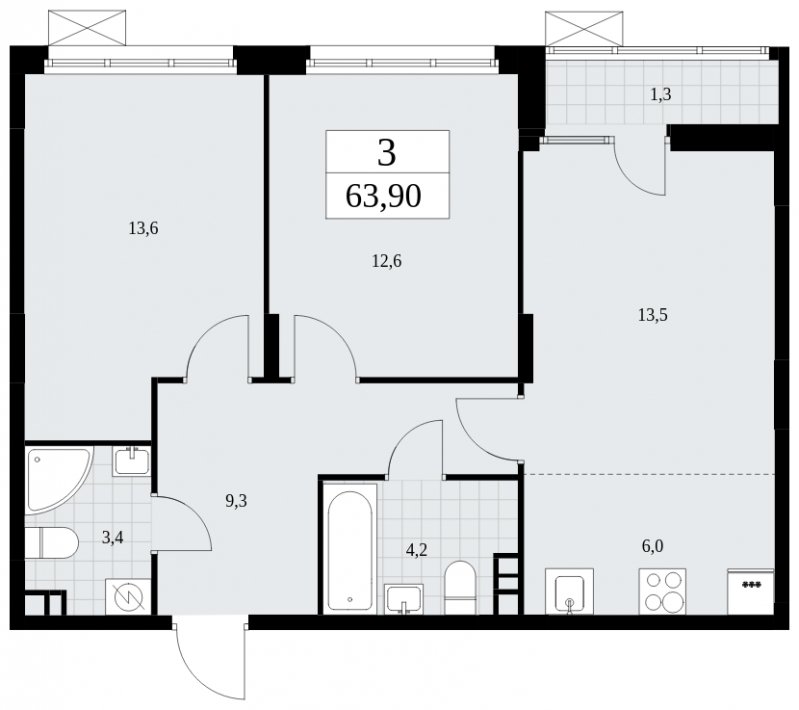 3-комнатная квартира (евро) без отделки, 63.9 м2, 3 этаж, сдача 1 квартал 2025 г., ЖК Дзен-кварталы, корпус 1.4 - объявление 1896162 - фото №1