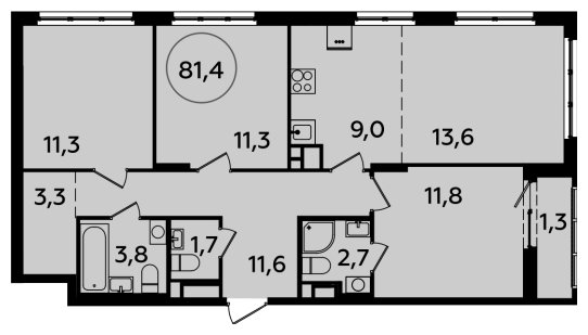 4-комнатная квартира (евро) с полной отделкой, 81.4 м2, 13 этаж, сдача 2 квартал 2024 г., ЖК Испанские кварталы, корпус 8.1 - объявление 1633429 - фото №1