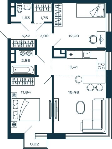 2-комнатная квартира без отделки, 59.64 м2, 8 этаж, сдача 2 квартал 2025 г., ЖК М_5, корпус 1 - объявление 2296381 - фото №1