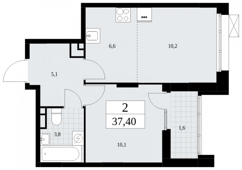 2-комнатная квартира (евро) с частичной отделкой, 37.4 м2, 12 этаж, сдача 4 квартал 2024 г., ЖК Бунинские кварталы, корпус 1.1 - объявление 1834248 - фото №1