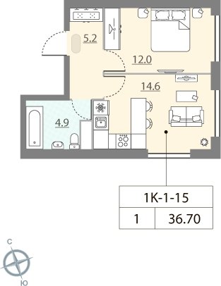 1-комнатная квартира без отделки, 36.7 м2, 15 этаж, дом сдан, ЖК ЗИЛАРТ, корпус 13 - объявление 2301039 - фото №1