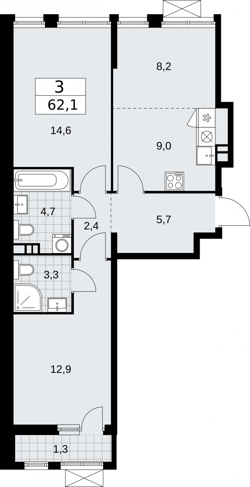 3-комнатная квартира (евро) с частичной отделкой, 62.1 м2, 3 этаж, сдача 2 квартал 2026 г., ЖК Бунинские кварталы, корпус 5.1 - объявление 2297281 - фото №1