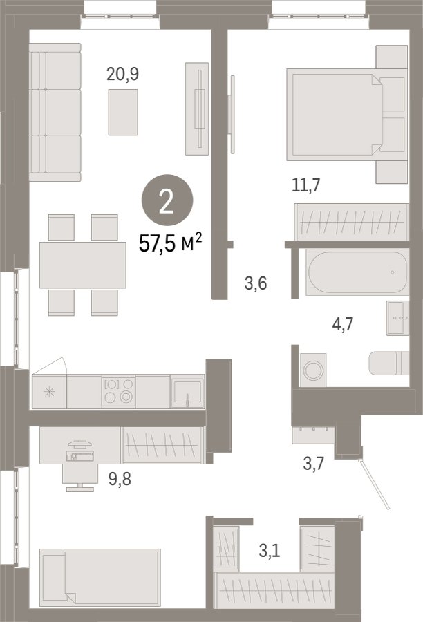 2-комнатная квартира с частичной отделкой, 57.5 м2, 10 этаж, сдача 3 квартал 2026 г., ЖК Квартал Метроном, корпус 1 - объявление 2358228 - фото №1