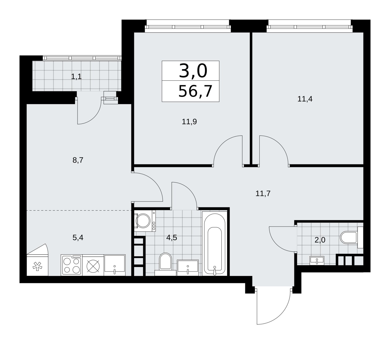 3-комнатная квартира (евро) с частичной отделкой, 56.7 м2, 9 этаж, сдача 2 квартал 2026 г., ЖК Дзен-кварталы, корпус 3.4 - объявление 2242018 - фото №1