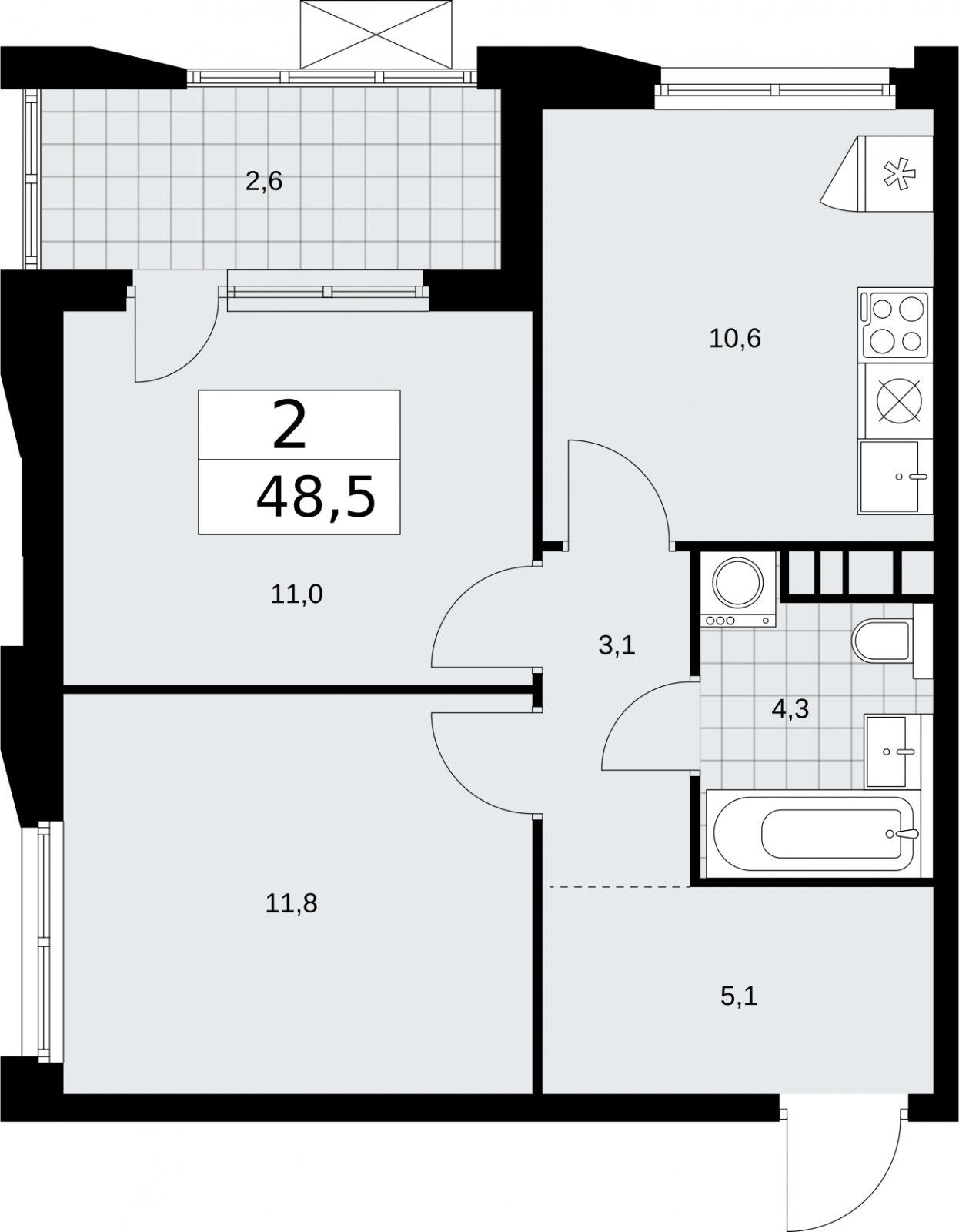 2-комнатная квартира без отделки, 48.5 м2, 17 этаж, сдача 2 квартал 2026 г., ЖК Бунинские кварталы, корпус 5.2 - объявление 2297440 - фото №1