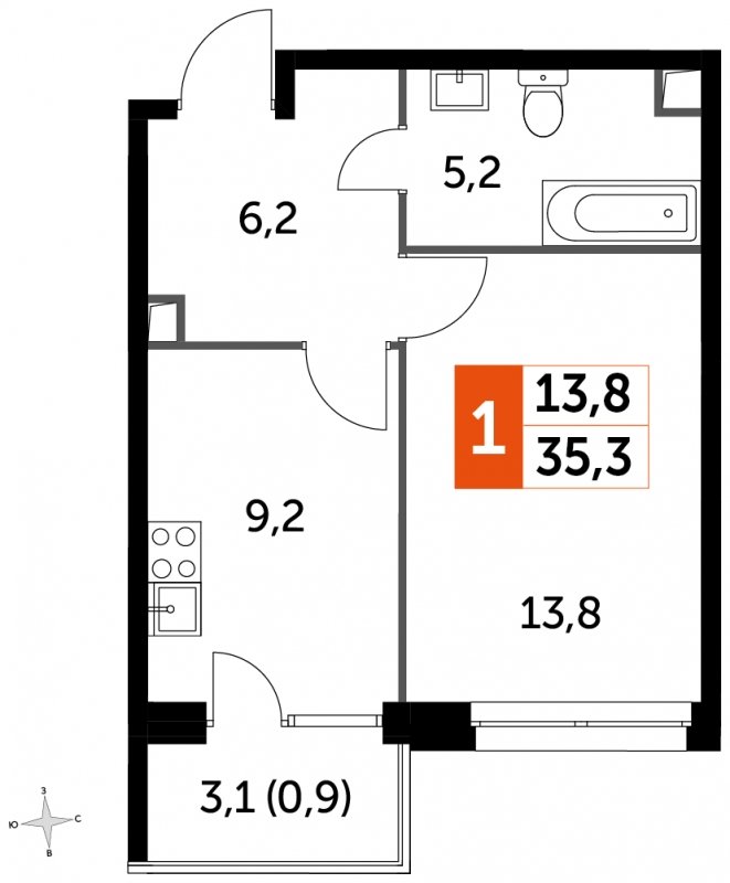 1-комнатная квартира без отделки, 35.3 м2, 2 этаж, сдача 4 квартал 2023 г., ЖК Датский квартал, корпус 2 - объявление 1568168 - фото №1