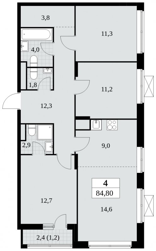 4-комнатная квартира (евро) без отделки, 84.8 м2, 9 этаж, сдача 2 квартал 2024 г., ЖК Прокшино, корпус 6.1 - объявление 1662593 - фото №1