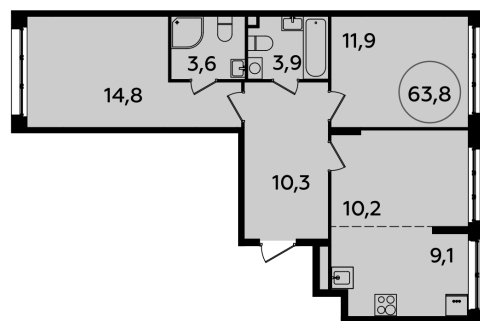 3-комнатная квартира (евро) с полной отделкой, 63.8 м2, 2 этаж, сдача 4 квартал 2023 г., ЖК Испанские кварталы, корпус 8.2 - объявление 1633654 - фото №1