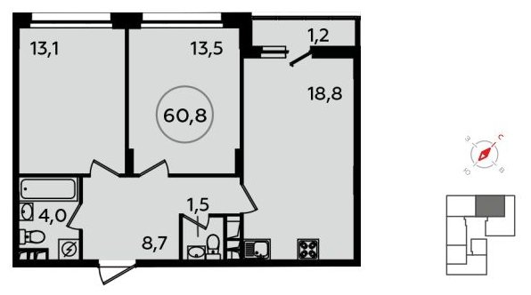 2-комнатная квартира без отделки, 60.8 м2, 10 этаж, сдача 1 квартал 2022 г., ЖК Скандинавия, корпус 13.1 - объявление 1411562 - фото №1