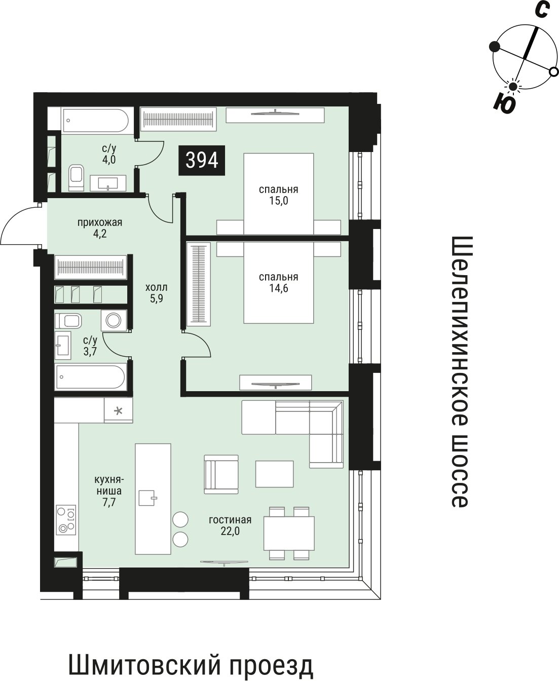2-комнатная квартира без отделки, 79 м2, 7 этаж, сдача 2 квартал 2026 г., ЖК Шелепиха, корпус 1 - объявление 2383642 - фото №1