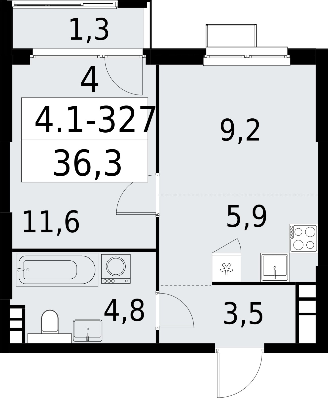 2-комнатная квартира (евро) с полной отделкой, 36.3 м2, 13 этаж, сдача 2 квартал 2027 г., ЖК Южные сады, корпус 4.1.2 - объявление 2392835 - фото №1