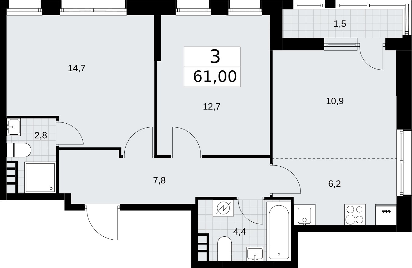 3-комнатная квартира (евро) без отделки, 61 м2, 3 этаж, сдача 3 квартал 2026 г., ЖК Родные кварталы, корпус 3.4 - объявление 2378648 - фото №1