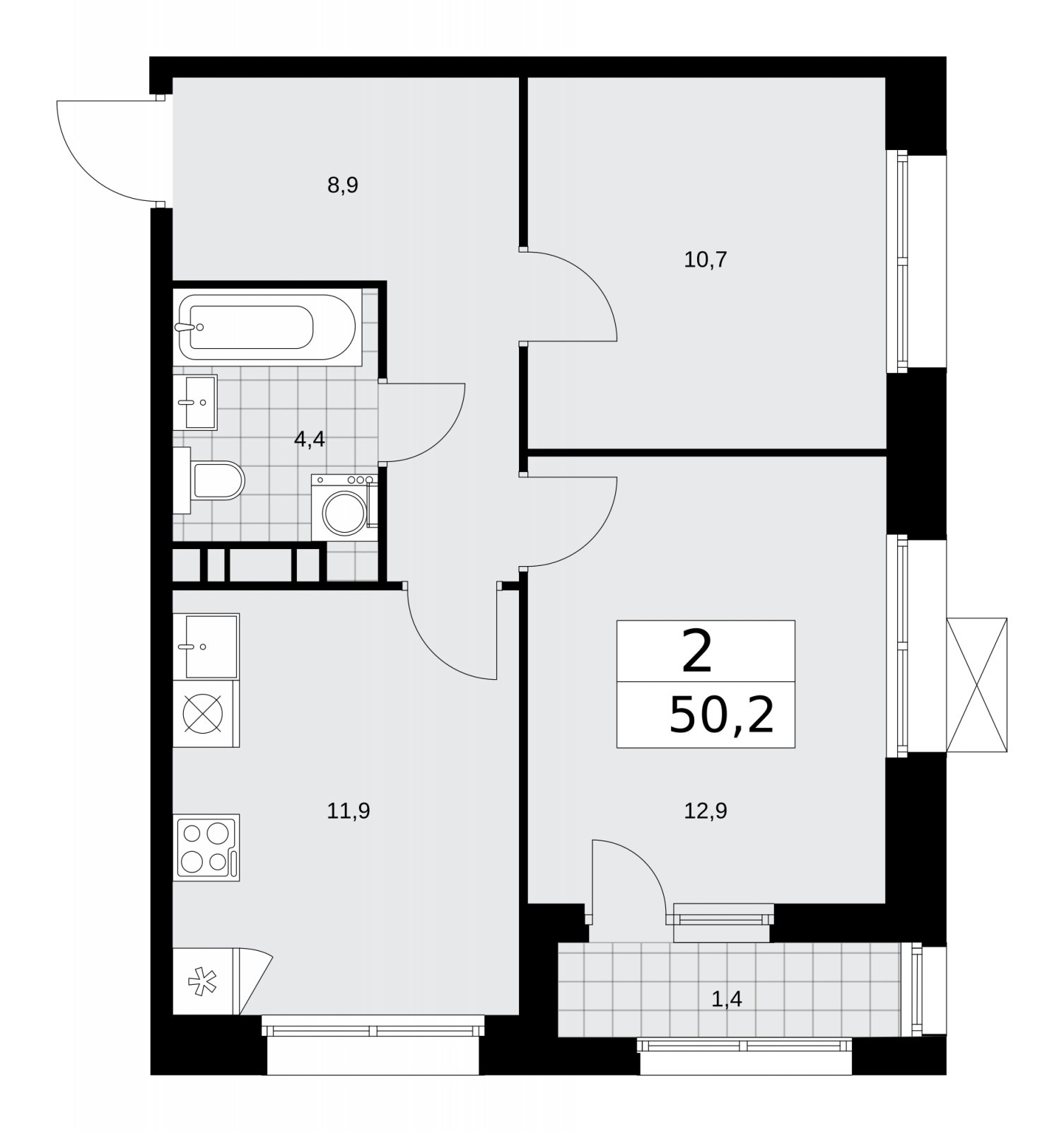 2-комнатная квартира без отделки, 50.2 м2, 6 этаж, сдача 4 квартал 2025 г., ЖК Бунинские кварталы, корпус 6.4 - объявление 2252727 - фото №1