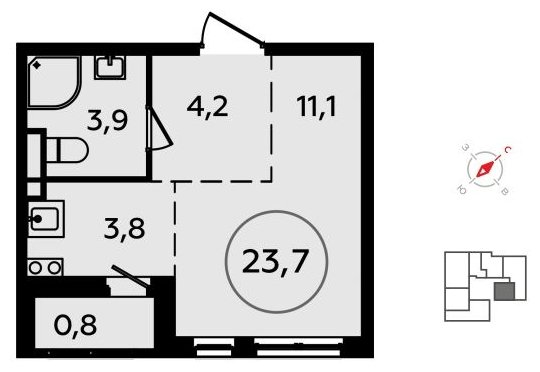 Студия без отделки, 23.7 м2, 5 этаж, сдача 4 квартал 2023 г., ЖК Скандинавия, корпус 2.15 - объявление 1994331 - фото №1