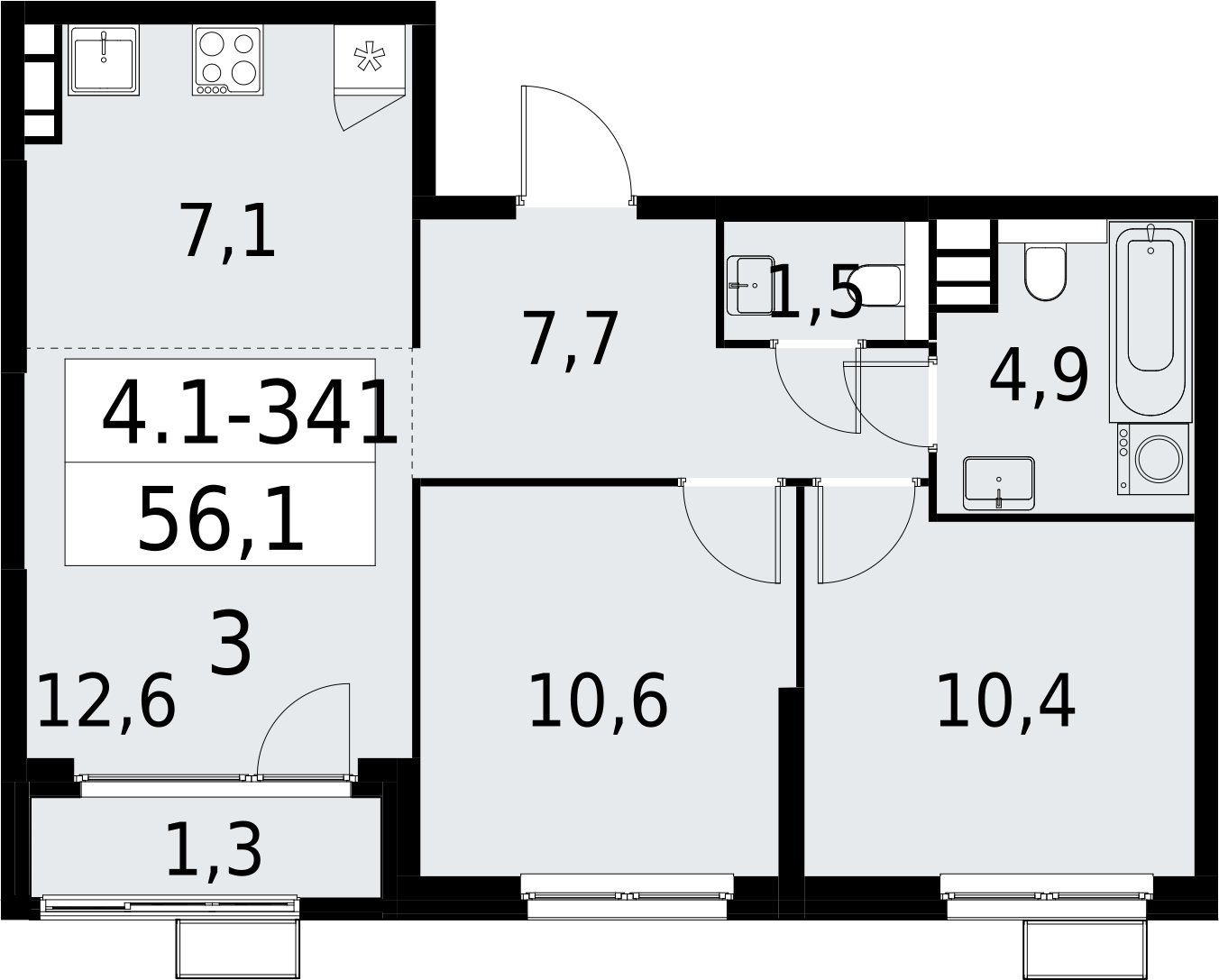 3-комнатная квартира (евро) с полной отделкой, 56.1 м2, 16 этаж, сдача 2 квартал 2027 г., ЖК Южные сады, корпус 4.1.2 - объявление 2392849 - фото №1