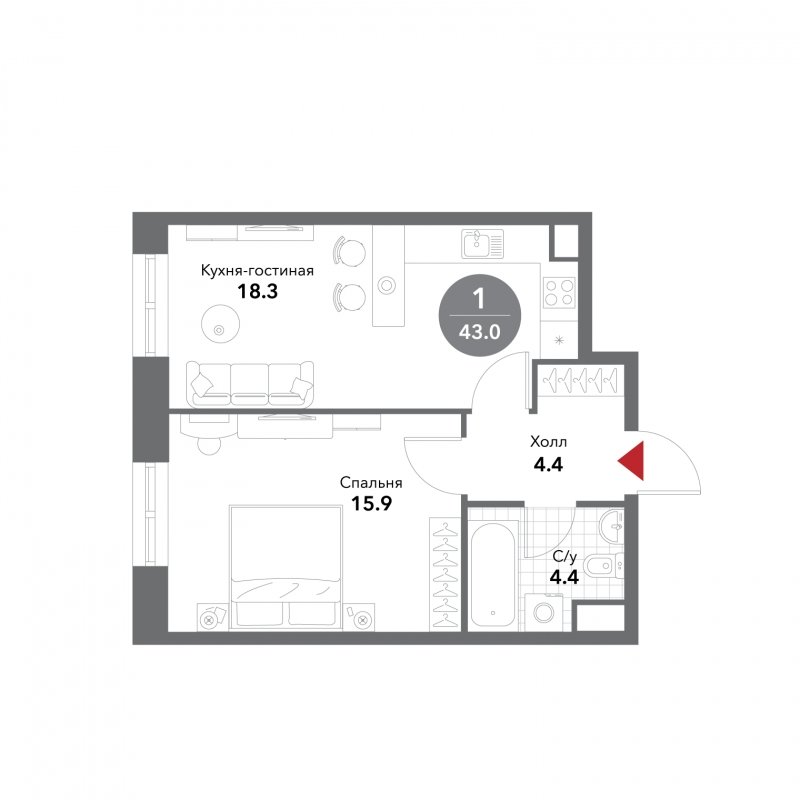 1-комнатные апартаменты без отделки, 43 м2, 12 этаж, сдача 3 квартал 2025 г., ЖК VOXHALL, корпус 4 - объявление 1794265 - фото №1