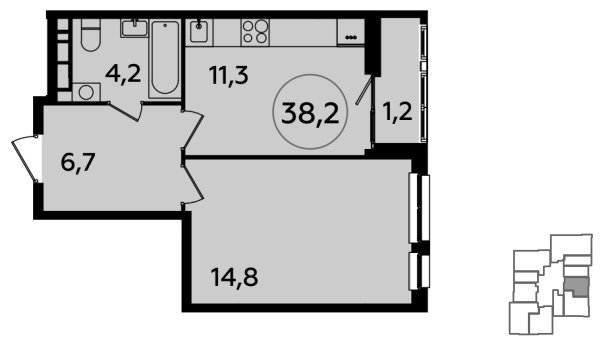 1-комнатная квартира без отделки, 38.2 м2, 16 этаж, сдача 1 квартал 2024 г., ЖК Южные сады, корпус 1.3 - объявление 1512363 - фото №1