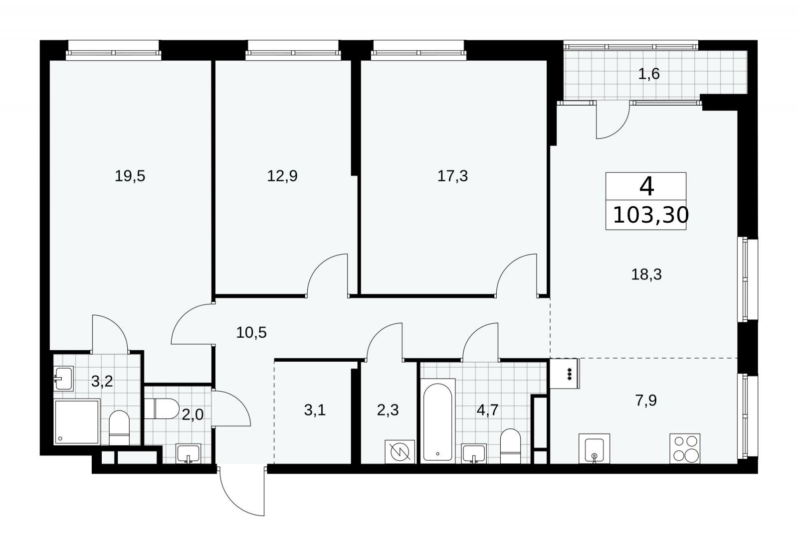 4-комнатная квартира (евро) с частичной отделкой, 103.3 м2, 14 этаж, сдача 1 квартал 2026 г., ЖК Дом на Зорге, корпус 25 - объявление 2221239 - фото №1