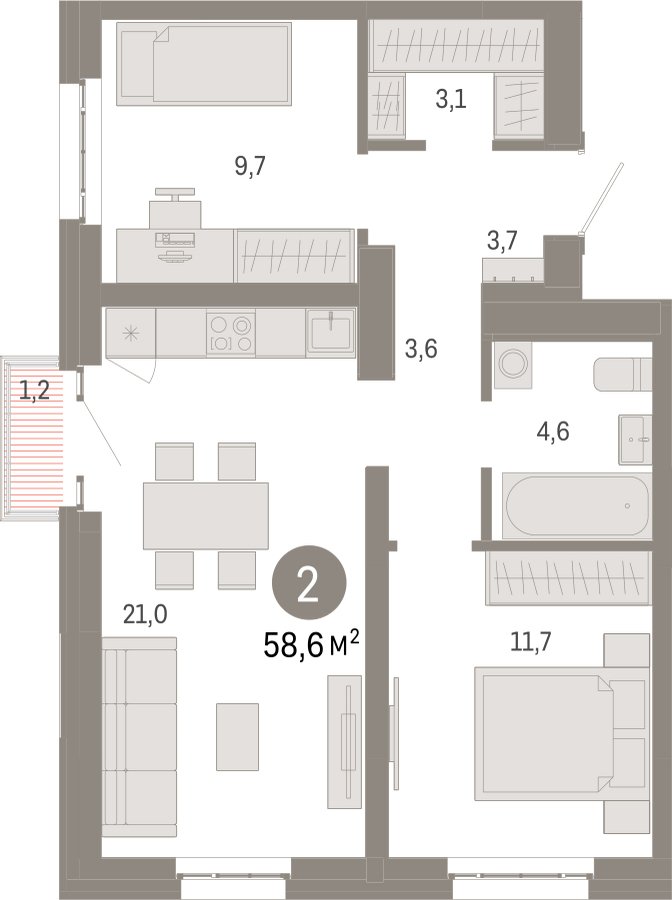 2-комнатная квартира с частичной отделкой, 58.6 м2, 13 этаж, сдача 3 квартал 2026 г., ЖК Квартал Метроном, корпус 1 - объявление 2380863 - фото №1