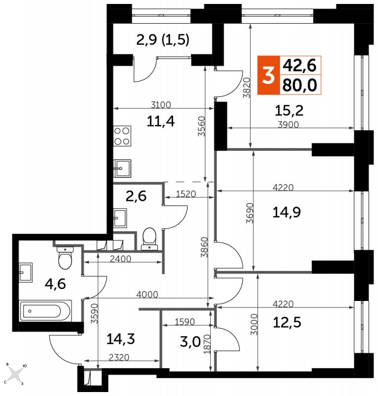 3-комнатная квартира с частичной отделкой, 80 м2, 5 этаж, сдача 1 квартал 2023 г., ЖК Sydney City, корпус 3 - объявление 1568962 - фото №1