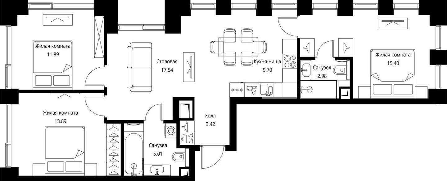 3-комнатная квартира с частичной отделкой, 79.83 м2, 9 этаж, сдача 3 квартал 2026 г., ЖК City Bay, корпус North Ocean 7 - объявление 2240645 - фото №1