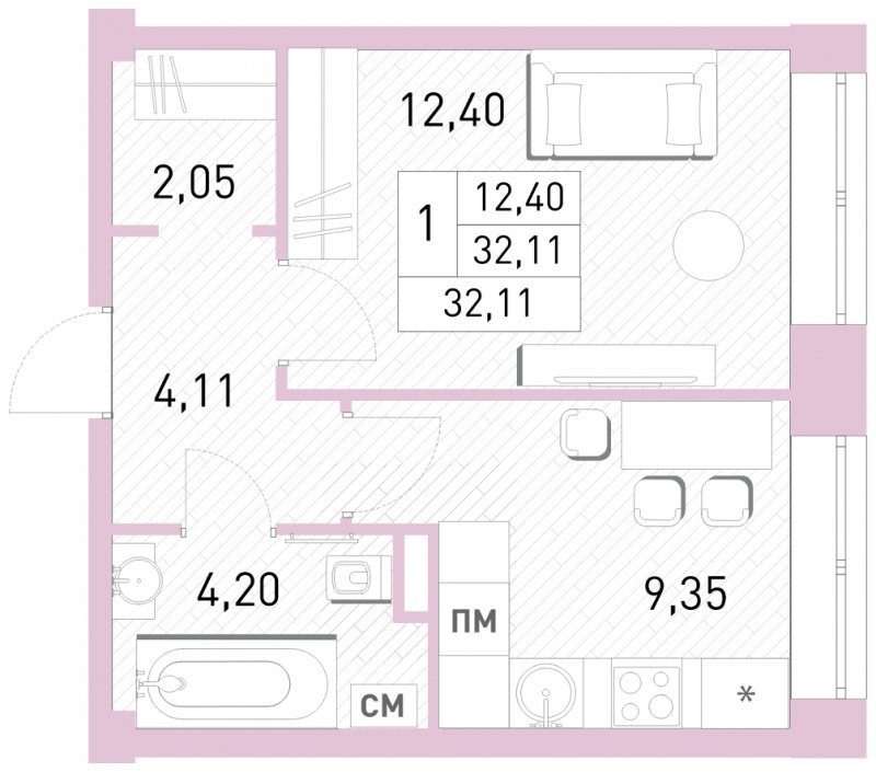1-комнатная квартира с полной отделкой, 32.11 м2, 2 этаж, сдача 2 квартал 2023 г., ЖК Столичный, корпус 24 - объявление 1650934 - фото №1