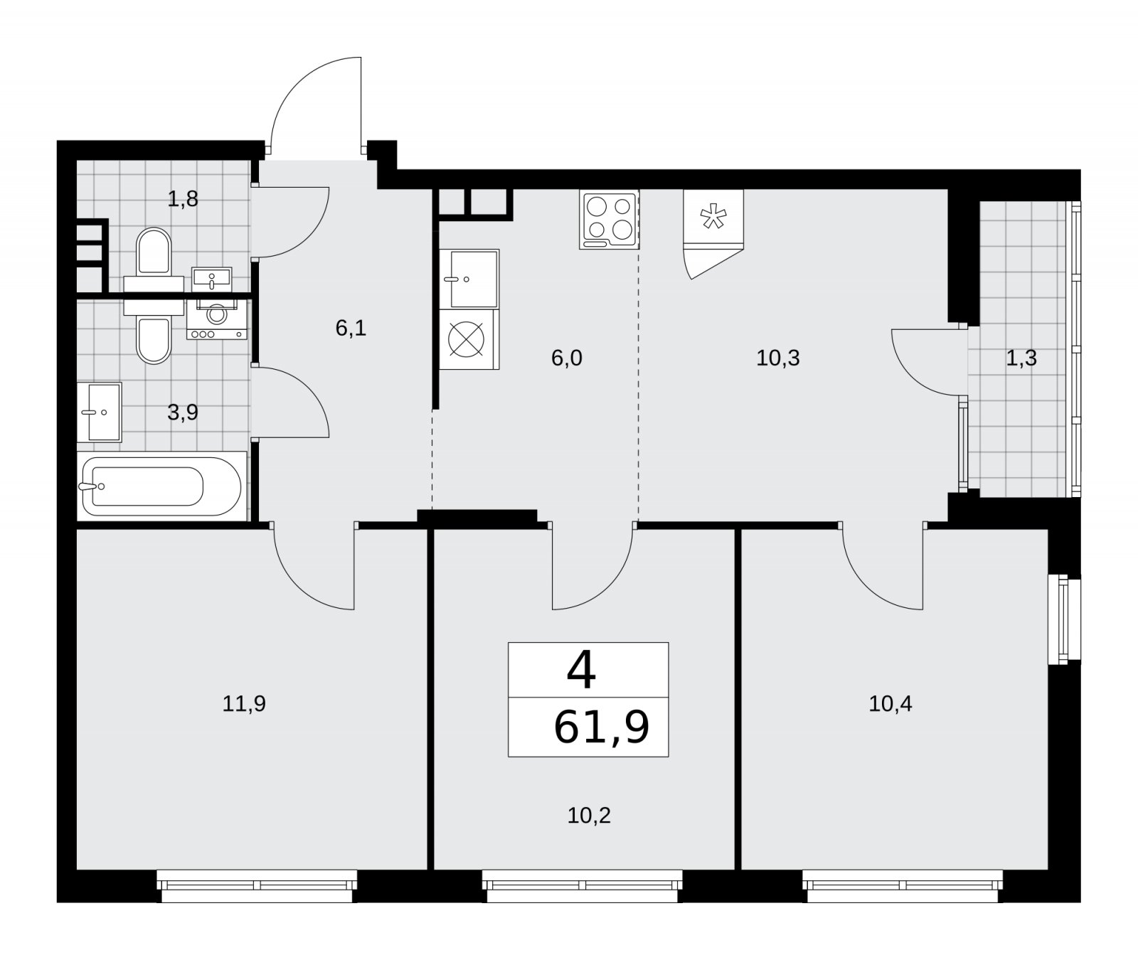4-комнатная квартира (евро) с частичной отделкой, 61.9 м2, 12 этаж, сдача 2 квартал 2026 г., ЖК Деснаречье, корпус 4.4 - объявление 2264309 - фото №1