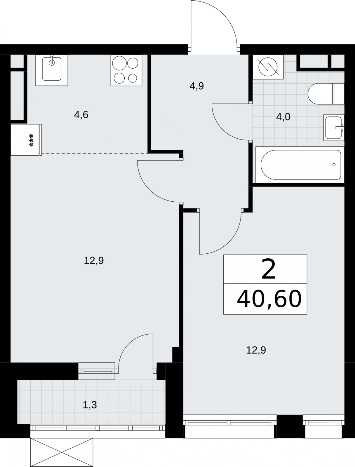 2-комнатная квартира (евро) без отделки, 40.6 м2, 4 этаж, сдача 3 квартал 2026 г., ЖК Родные кварталы, корпус 2 - объявление 2295332 - фото №1