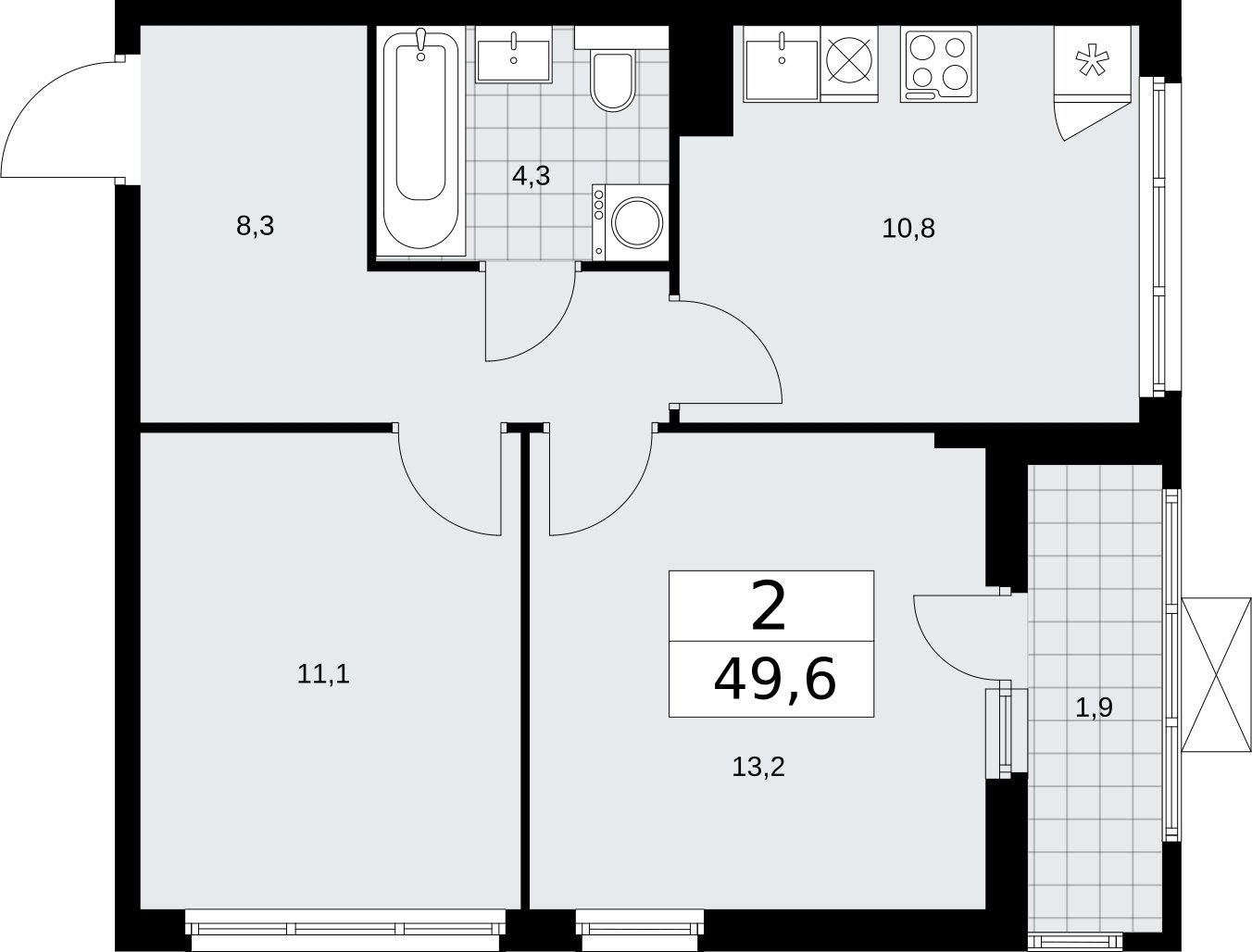 2-комнатная квартира без отделки, 49.6 м2, 14 этаж, сдача 2 квартал 2026 г., ЖК Бунинские кварталы, корпус 7.4 - объявление 2314146 - фото №1