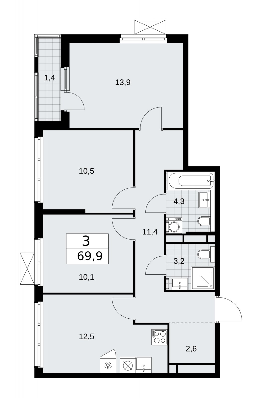 3-комнатная квартира с частичной отделкой, 69.9 м2, 12 этаж, сдача 2 квартал 2026 г., ЖК Прокшино, корпус 11.2.3 - объявление 2270405 - фото №1