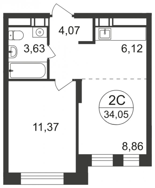 2-комнатная квартира с полной отделкой, 34.05 м2, 9 этаж, сдача 3 квартал 2023 г., ЖК Люберцы, корпус 66 - объявление 1951766 - фото №1
