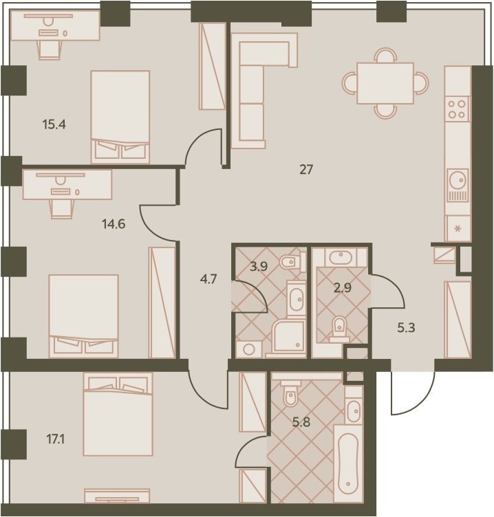 4-комнатная квартира без отделки, 97.9 м2, 34 этаж, дом сдан, ЖК Eniteo, корпус 1 - объявление 2326695 - фото №1