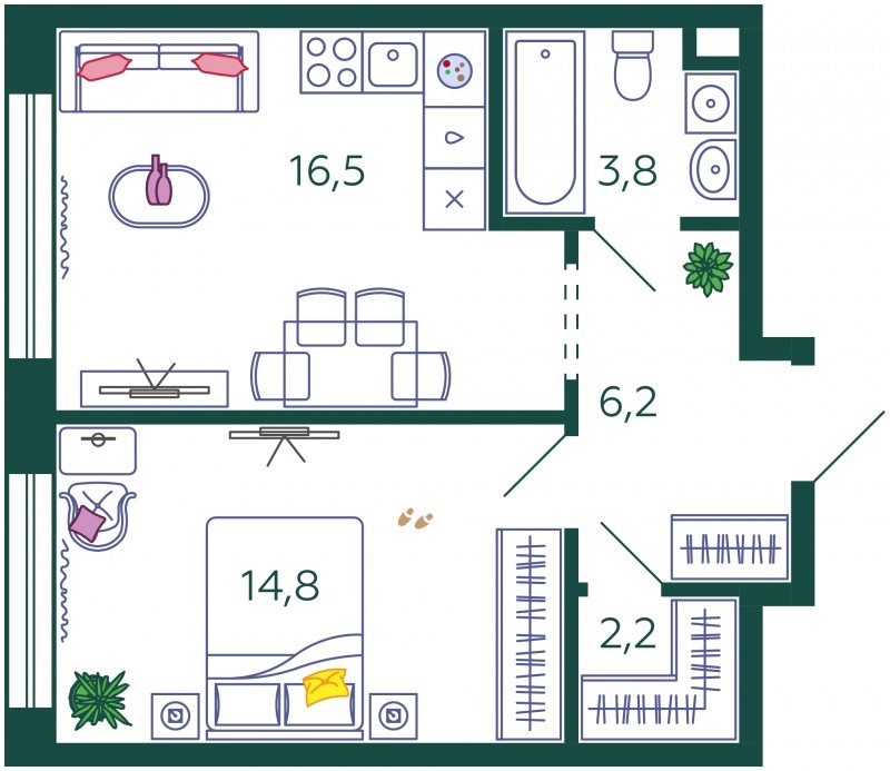 1-комнатная квартира без отделки, 43.5 м2, 2 этаж, сдача 4 квартал 2023 г., ЖК SHAGAL, корпус 1.3 - объявление 1769060 - фото №1