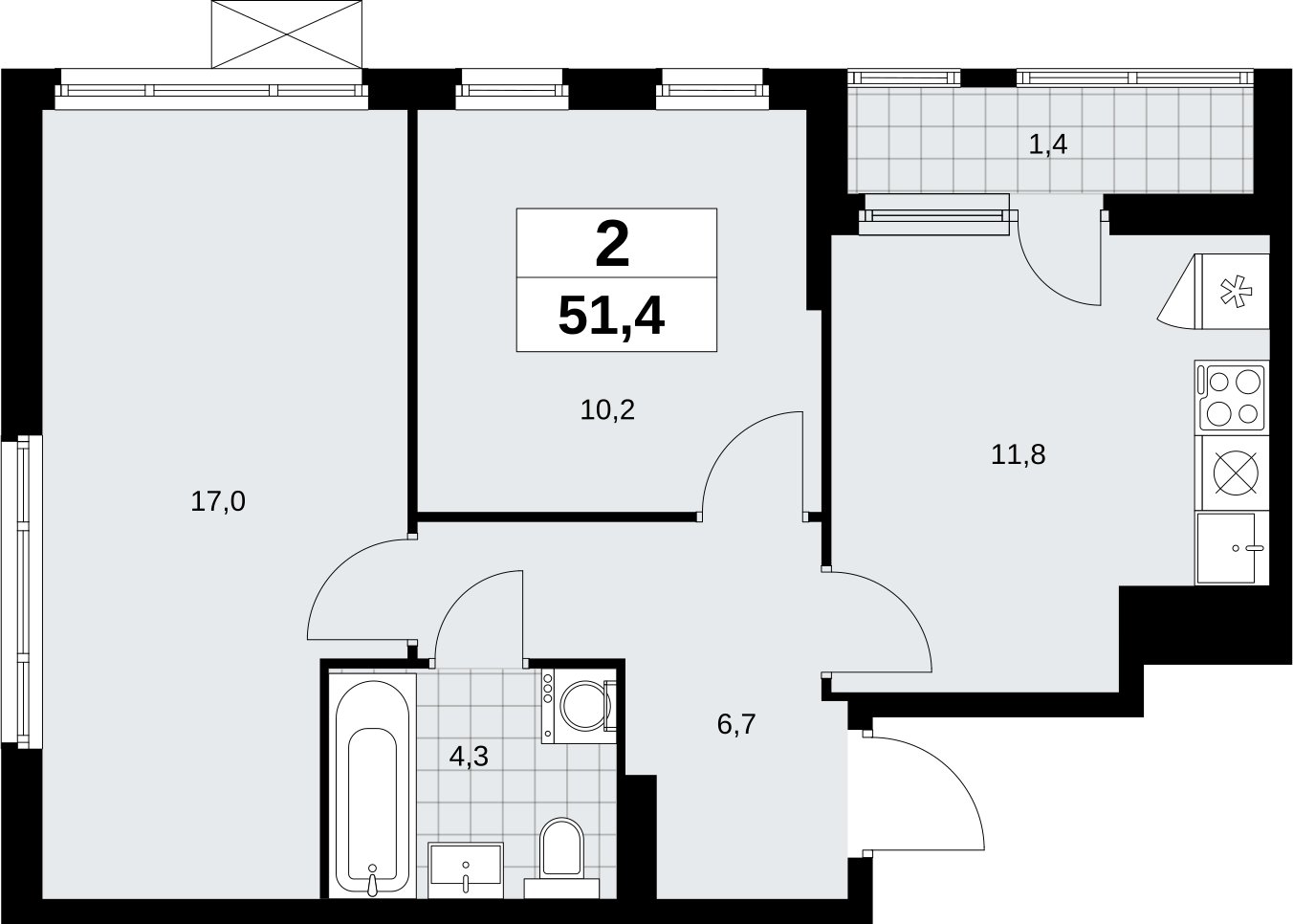 2-комнатная квартира с полной отделкой, 51.4 м2, 11 этаж, сдача 3 квартал 2026 г., ЖК Дзен-кварталы, корпус 6.1.3 - объявление 2327425 - фото №1