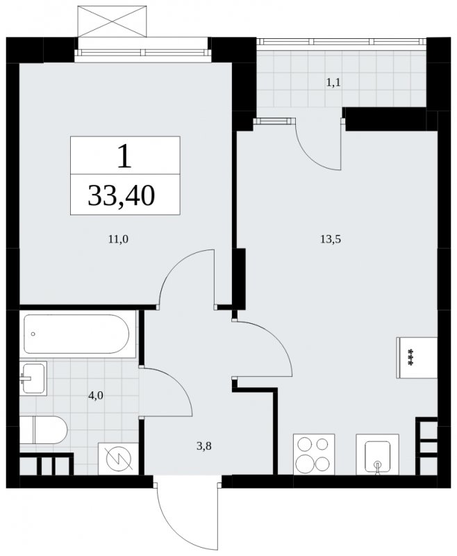 1-комнатная квартира с частичной отделкой, 33.4 м2, 4 этаж, сдача 3 квартал 2025 г., ЖК Дзен-кварталы, корпус 2.2 - объявление 1932463 - фото №1