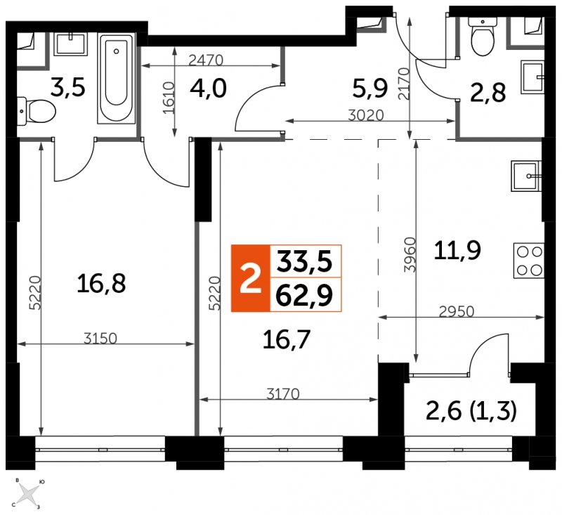 2-комнатная квартира с частичной отделкой, 62.9 м2, 17 этаж, сдача 1 квартал 2023 г., ЖК Sydney City, корпус 3 - объявление 1569069 - фото №1