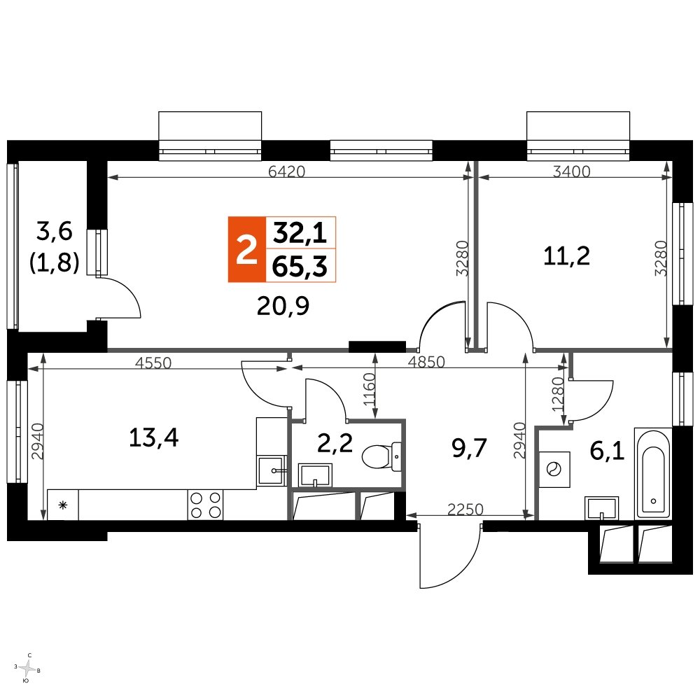2-комнатная квартира с частичной отделкой, 65.3 м2, 9 этаж, сдача 3 квартал 2023 г., ЖК UP-квартал Римский, корпус 7 - объявление 2208736 - фото №1