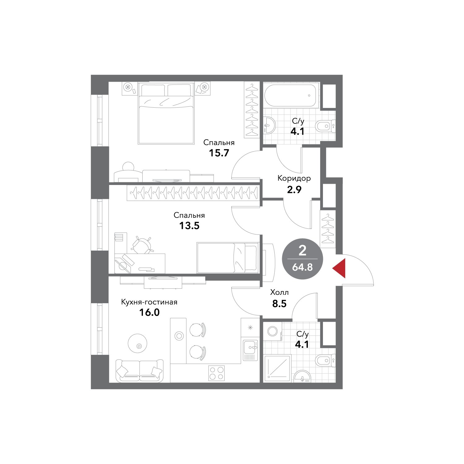 2-комнатные апартаменты без отделки, 64.8 м2, 10 этаж, сдача 3 квартал 2025 г., ЖК VOXHALL, корпус 4 - объявление 1981125 - фото №1