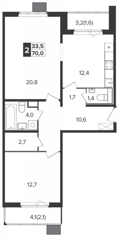 2-комнатная квартира с частичной отделкой, 70 м2, 16 этаж, дом сдан, ЖК Южная Битца, корпус 6 - объявление 1308628 - фото №1