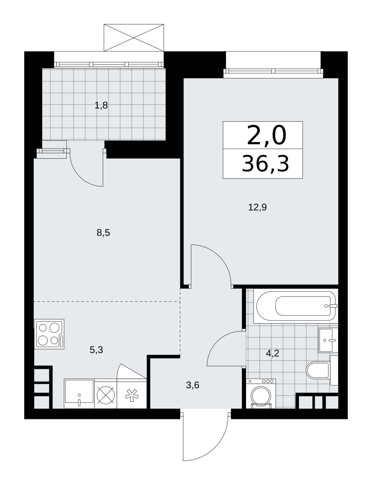 2-комнатная квартира (евро) без отделки, 36.3 м2, 10 этаж, сдача 4 квартал 2025 г., ЖК Бунинские кварталы, корпус 6.5 - объявление 2252815 - фото №1