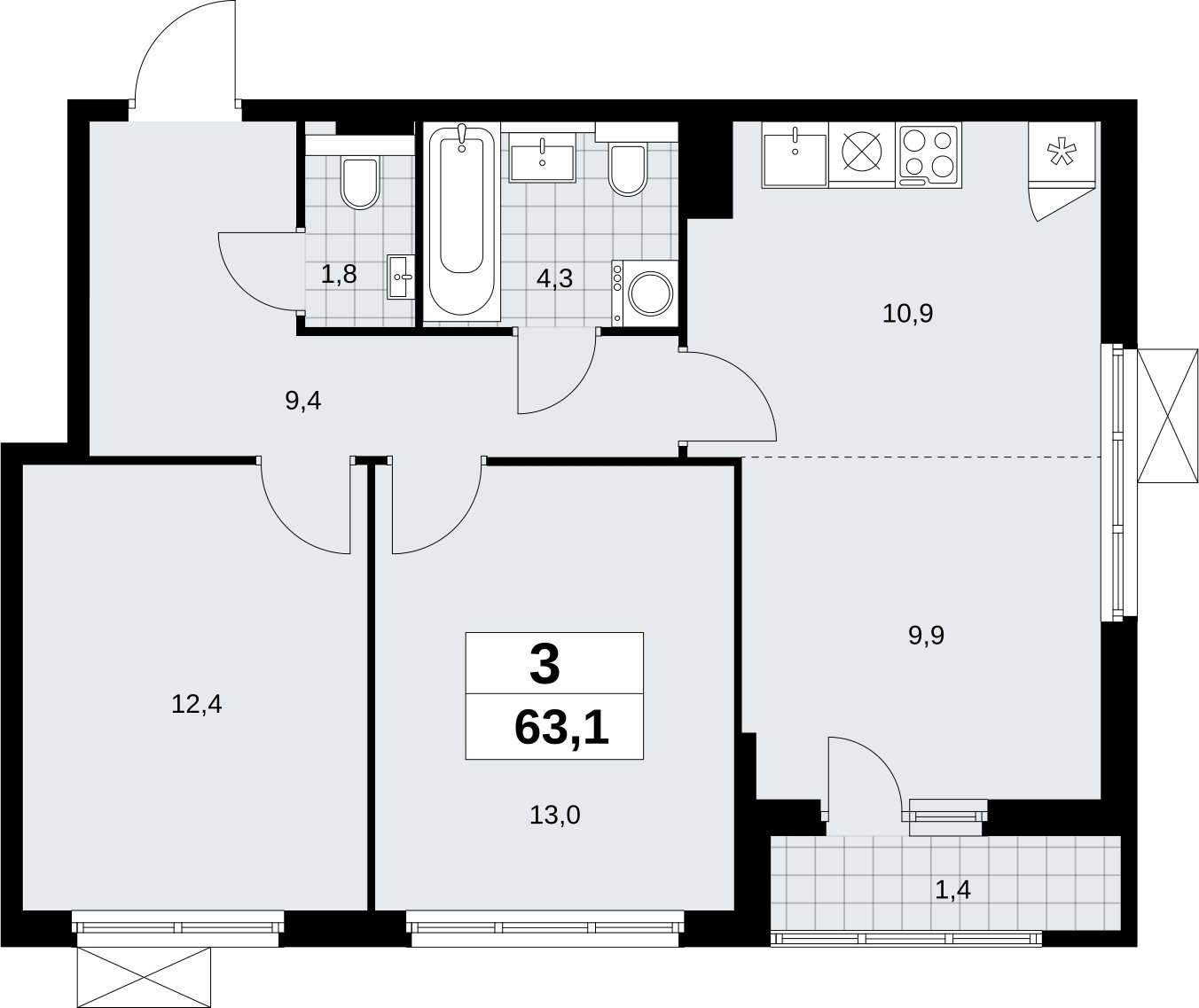 3-комнатная квартира (евро) без отделки, 63.1 м2, 8 этаж, сдача 2 квартал 2026 г., ЖК Бунинские кварталы, корпус 9.1 - объявление 2324117 - фото №1