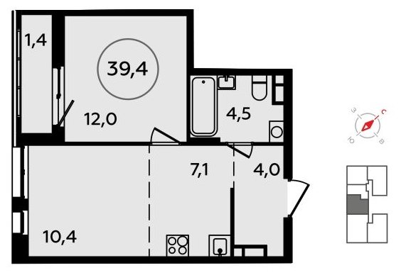 2-комнатная квартира (евро) без отделки, 39.4 м2, 12 этаж, сдача 4 квартал 2023 г., ЖК Скандинавия, корпус 15 - объявление 1516956 - фото №1