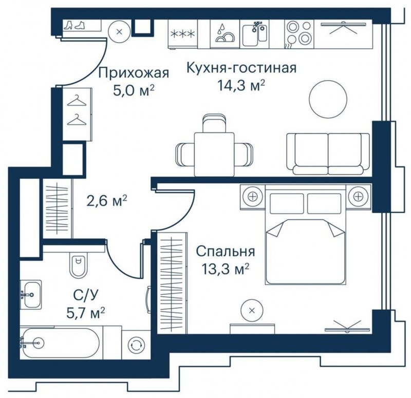 1-комнатная квартира с частичной отделкой, 41.54 м2, 12 этаж, сдача 2 квартал 2023 г., ЖК City Bay, корпус Indian Ocean 5 - объявление 1671416 - фото №1