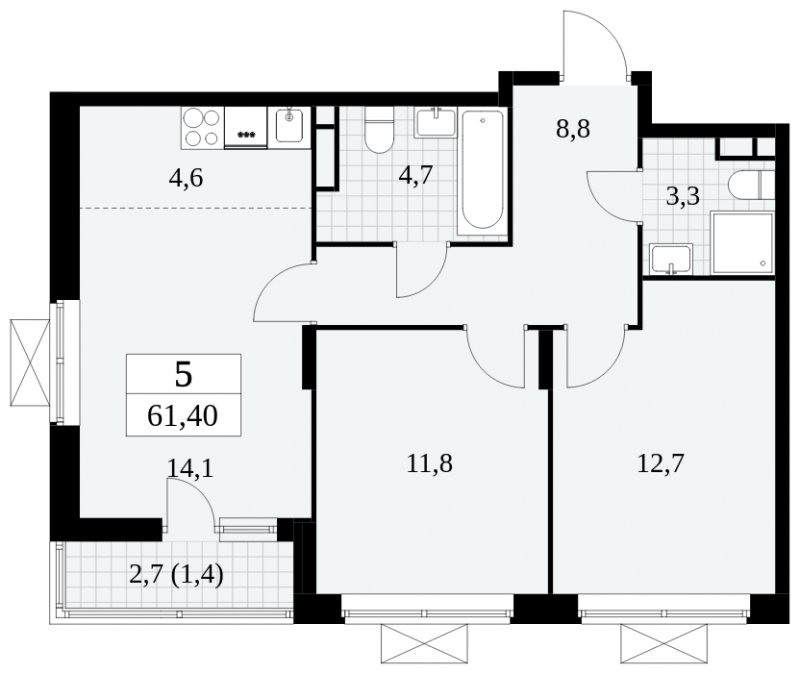 3-комнатная квартира (евро) без отделки, 61.4 м2, 5 этаж, сдача 3 квартал 2024 г., ЖК Прокшино, корпус 8.4 - объявление 1684016 - фото №1