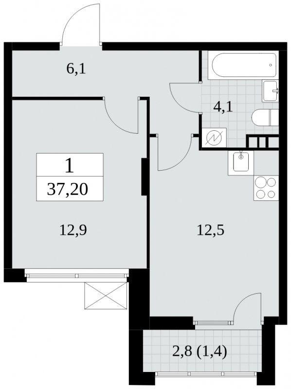 1-комнатная квартира без отделки, 37.2 м2, 3 этаж, сдача 4 квартал 2024 г., ЖК Скандинавия, корпус 2.27.2 - объявление 1840327 - фото №1
