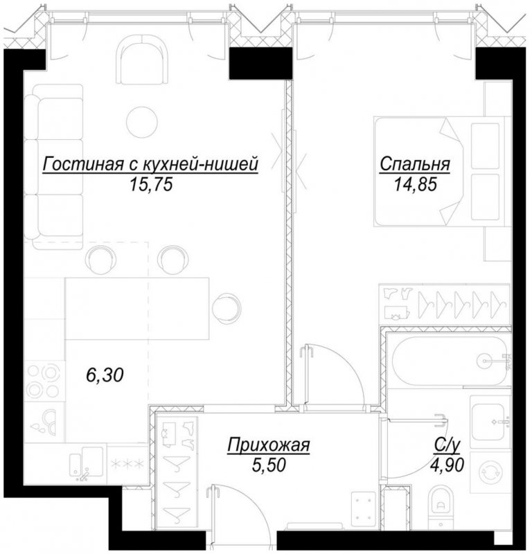 1-комнатная квартира с частичной отделкой, 47.3 м2, 2 этаж, сдача 1 квартал 2023 г., ЖК Hide, корпус ParkLane - объявление 1707042 - фото №1